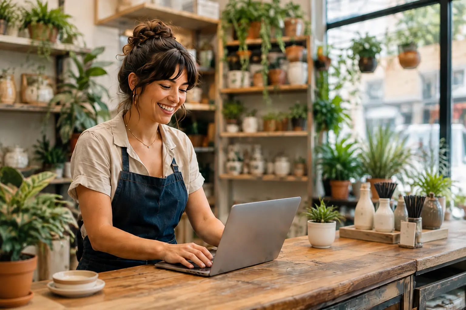 Small-business owner using Emailble at her shop