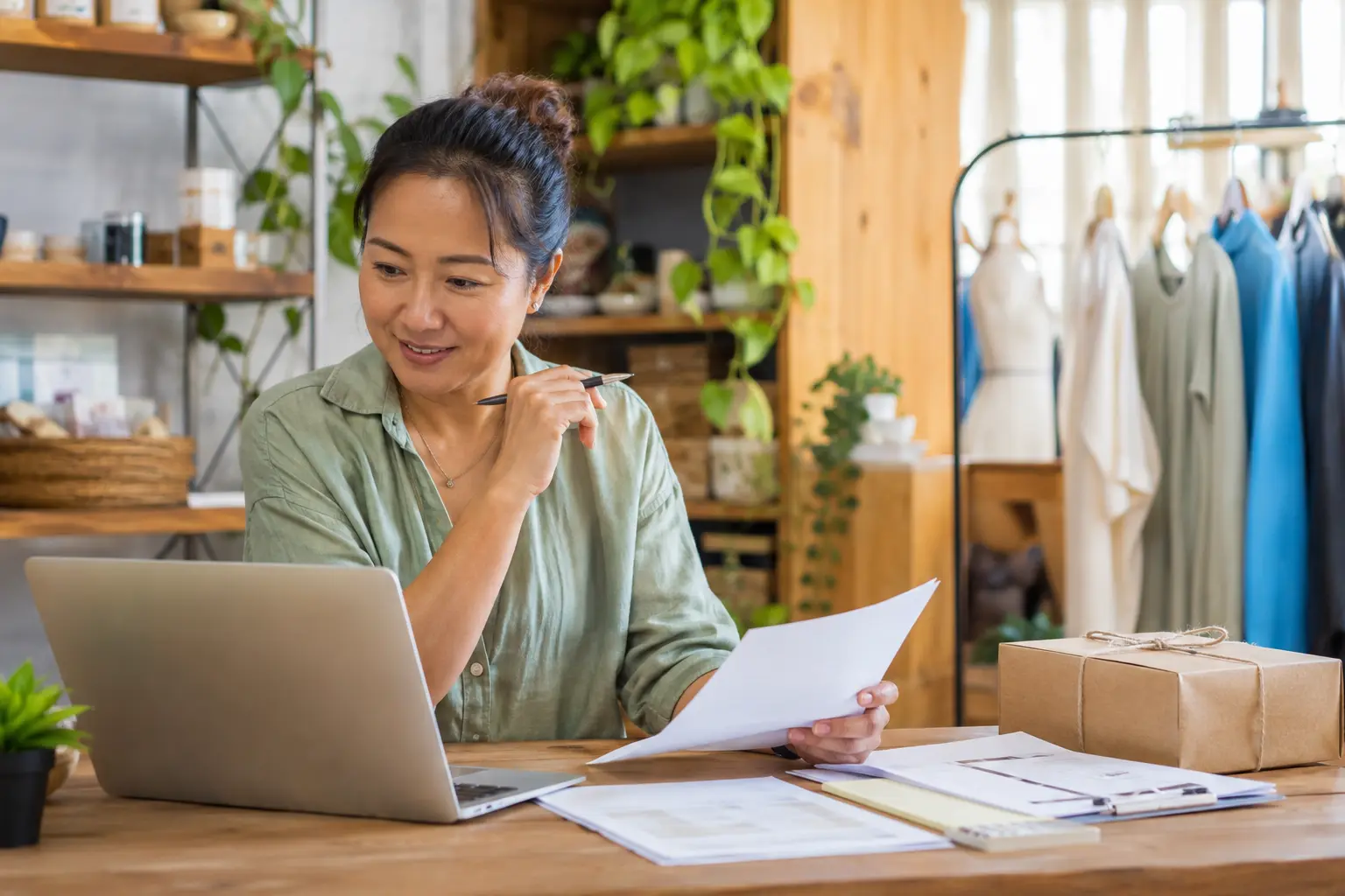 Small-business owner reviewing customer records and previous orders
